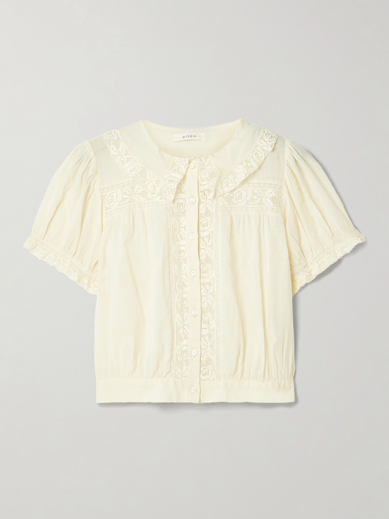 Doen Skylark Cropped Lace-trimmed Organic Cotton-voile Top In Neutrals