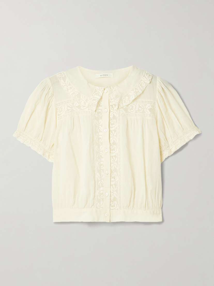 DÔEN Skylark Cropped Lace-trimmed Organic Cotton-voile Top -  - xx large