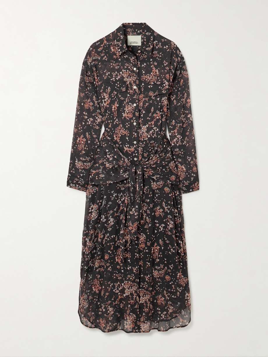 anesy gathered printed cotton and silk-blend crepon midi shirt dress