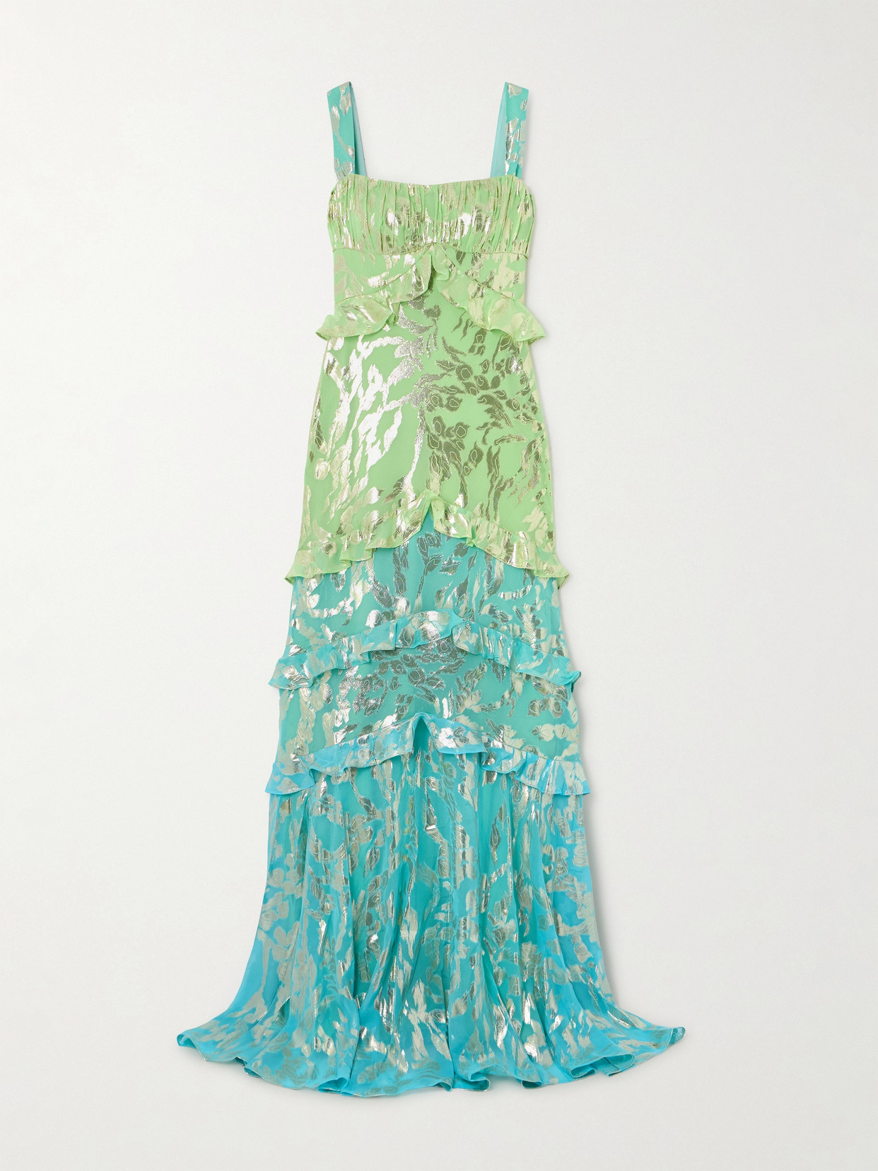 Saloni Chandra Ruffled Fil Coupé Silk-blend Maxi Dress In Green