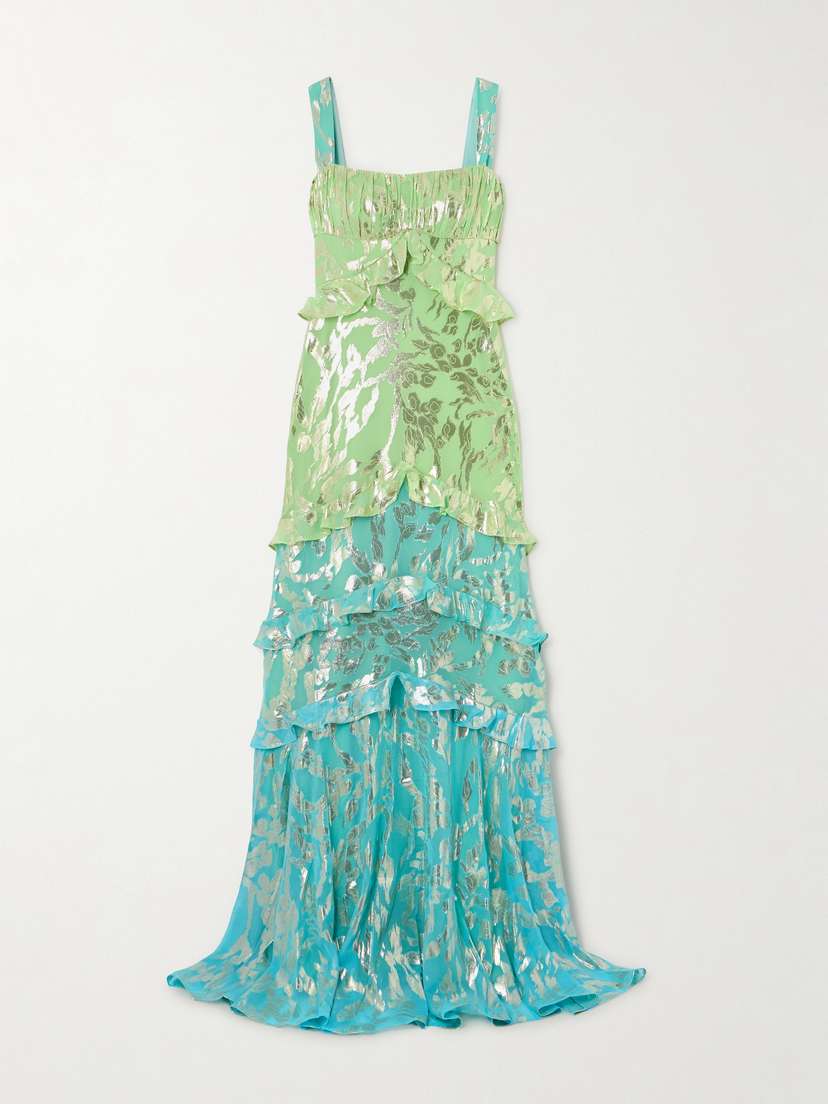 Saloni Chandra Ruffled Fil Coupé Silk-blend Maxi Dress