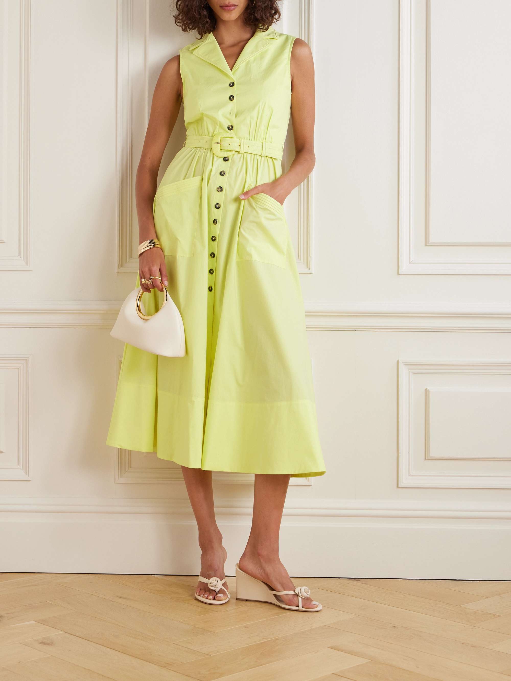 Kirat belted cotton blend midi shirt dress yellow UK 10