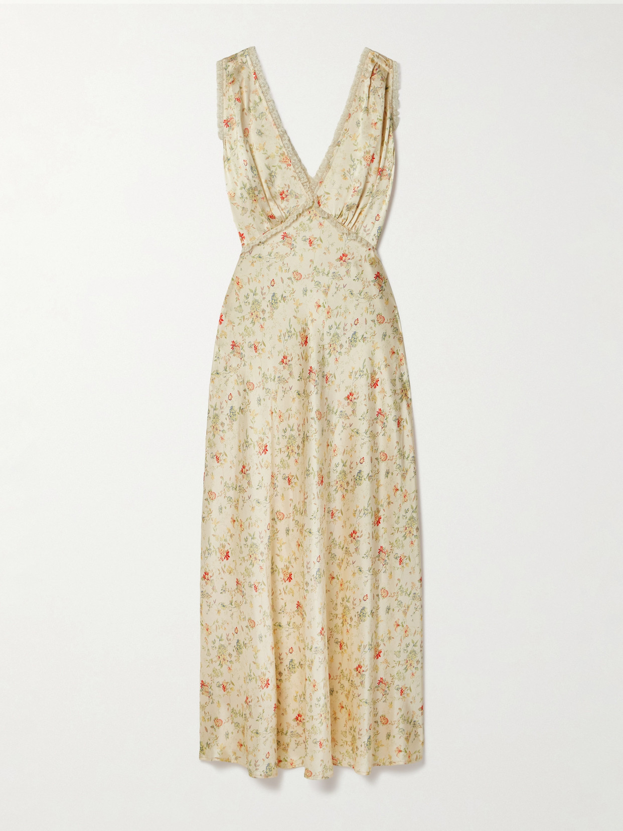 Doen Tahlia Lace-trimmed Floral-print Silk-charmeuse Midi Dress In Yellow