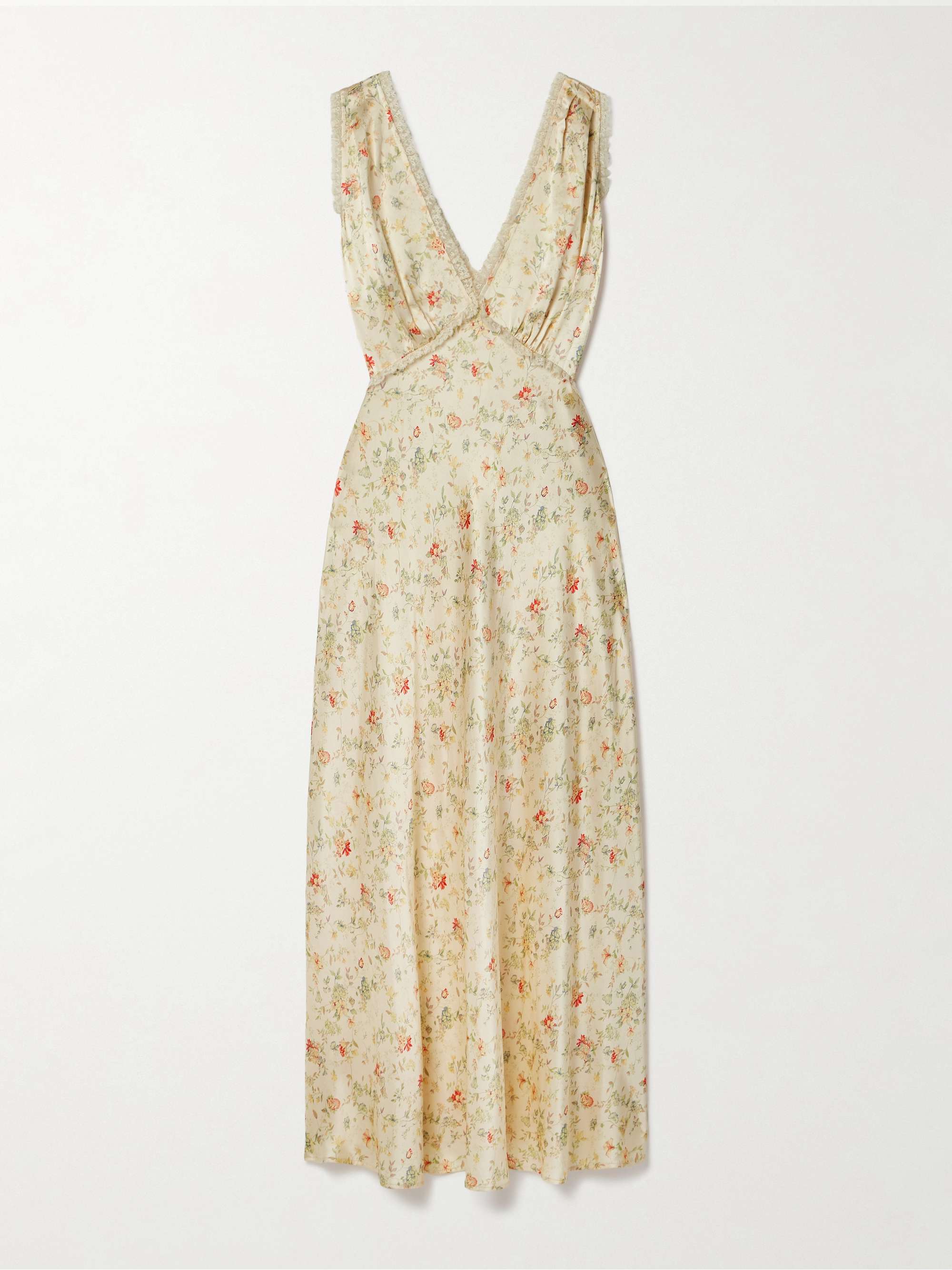 doen tahlia silk maxi dress in green DOEN Tahlia Lace-trimmed Floral-print Silk Dress Sz L Orig. $550 NEW