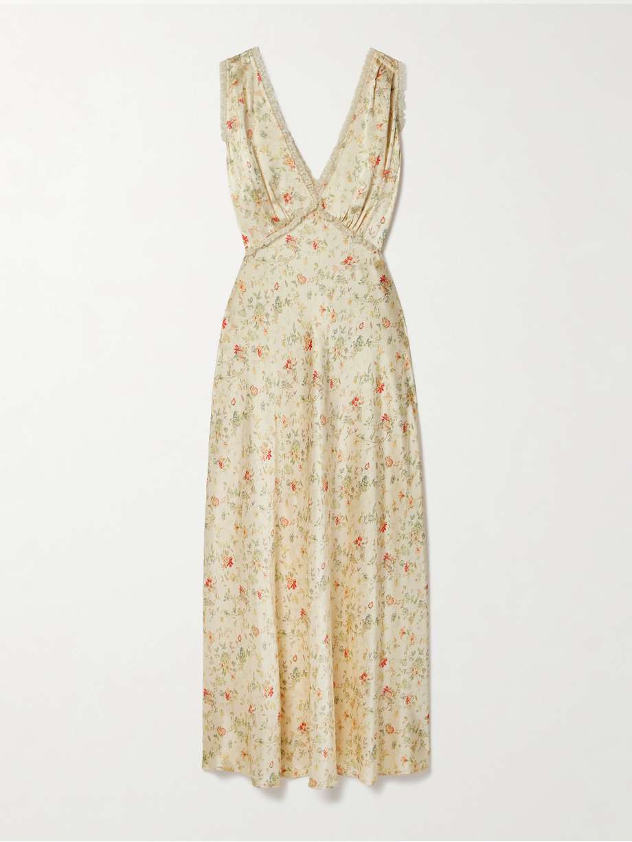 tahlia lace-trimmed floral-print silk-charmeuse midi dress
