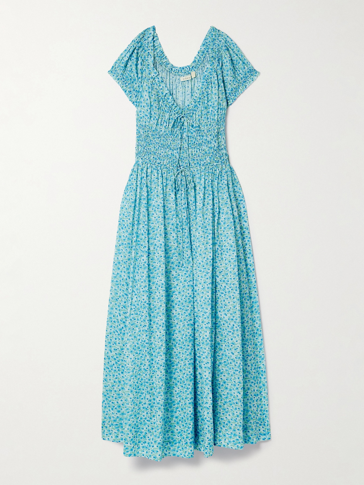 Shop Doen Ashlynn Tie-detailed Floral-print Shirred Organic Cotton-voile Midi Dress In Blue