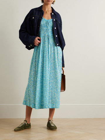Dôen Ashlynn tie-detailed floral-print shirred organic cotton-voile midi dress