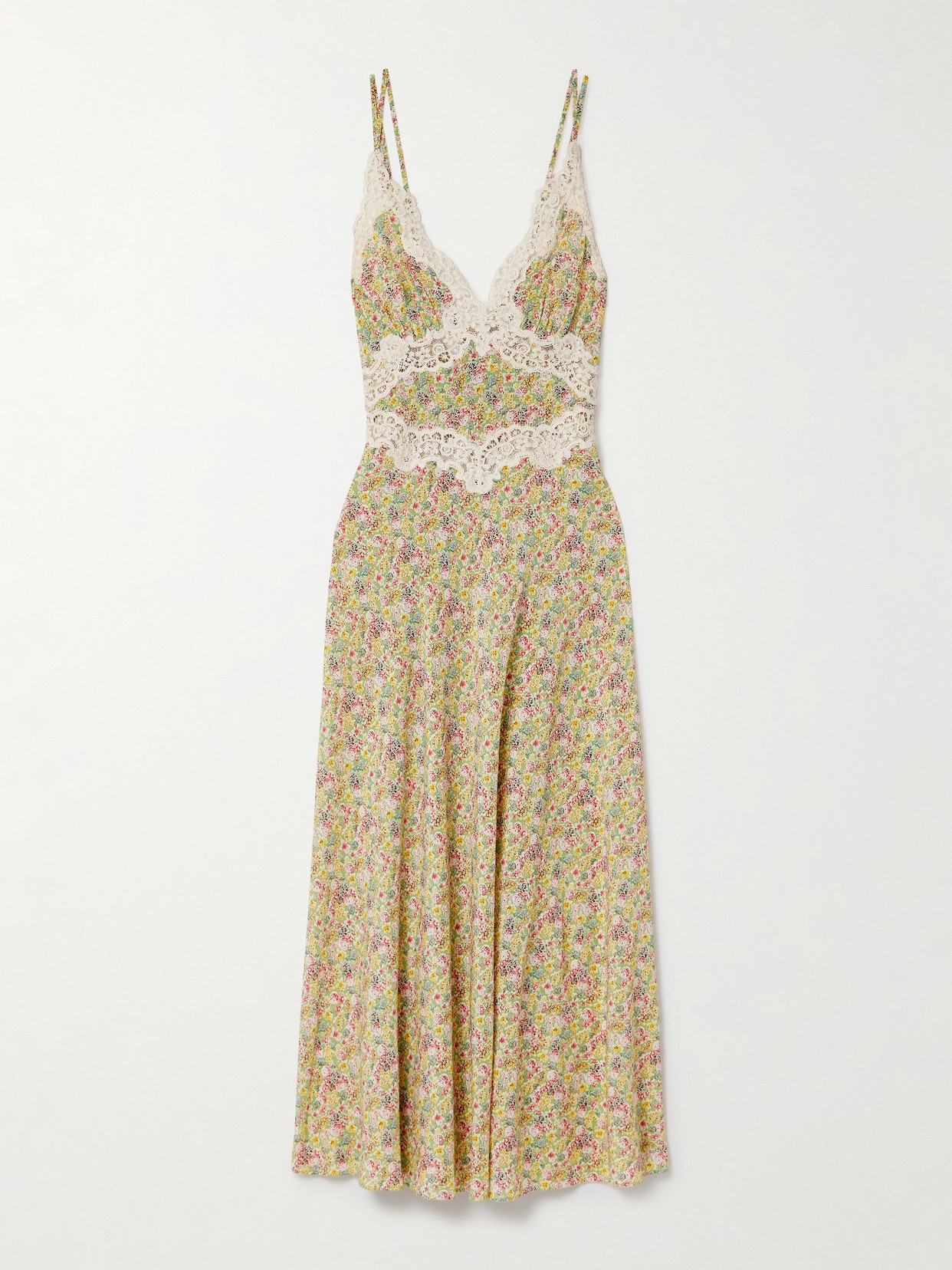 Doen Venus Corded Lace-trimmed Floral-print Silk-crepe Midi Dress In Yellow