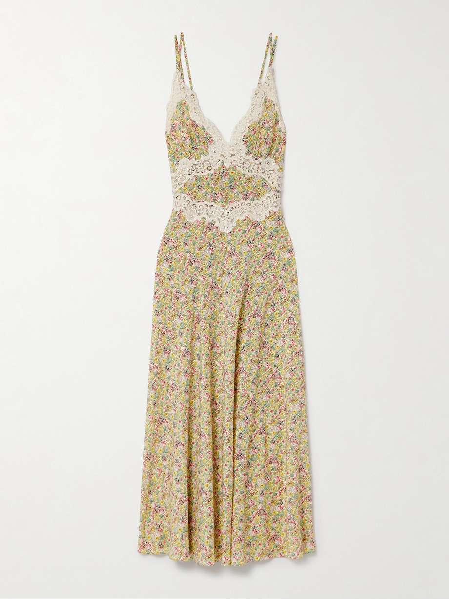 venus corded lace-trimmed floral-print silk-crepe midi dress