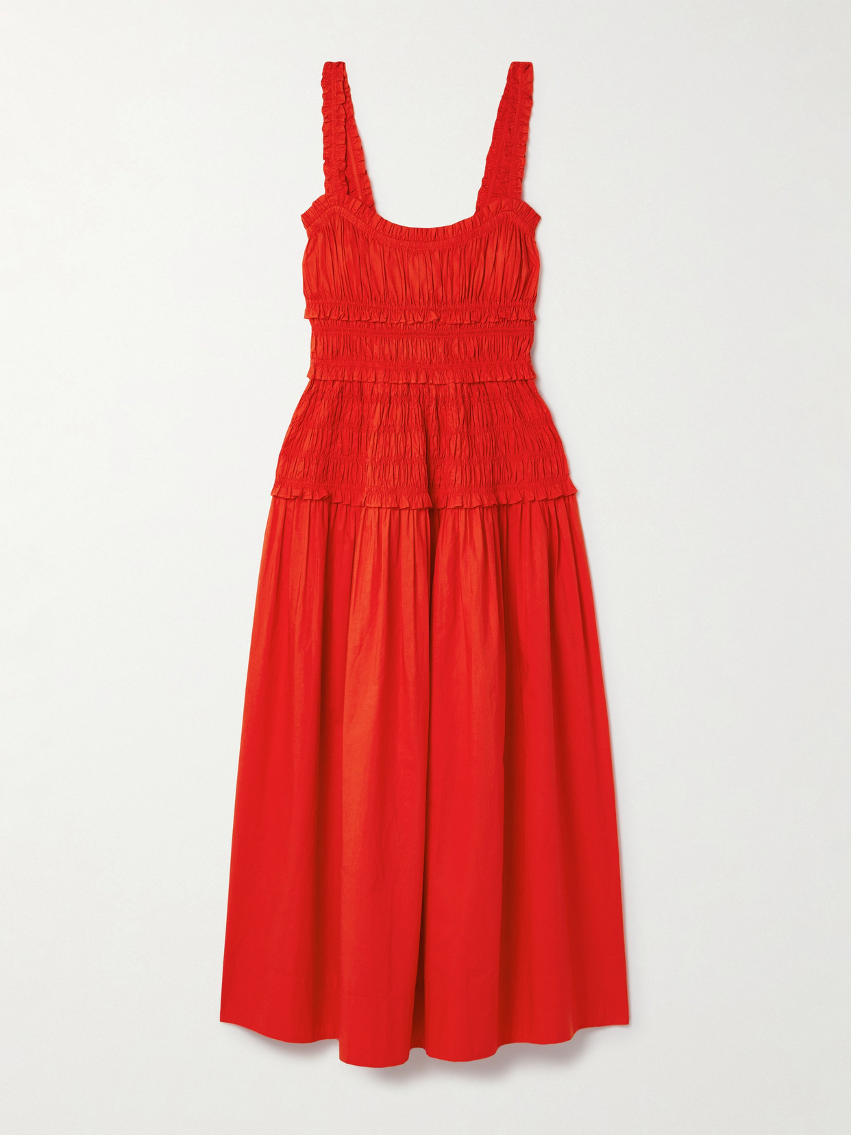 Doen Marianne Shirred Cotton-poplin Midi Dress In Red