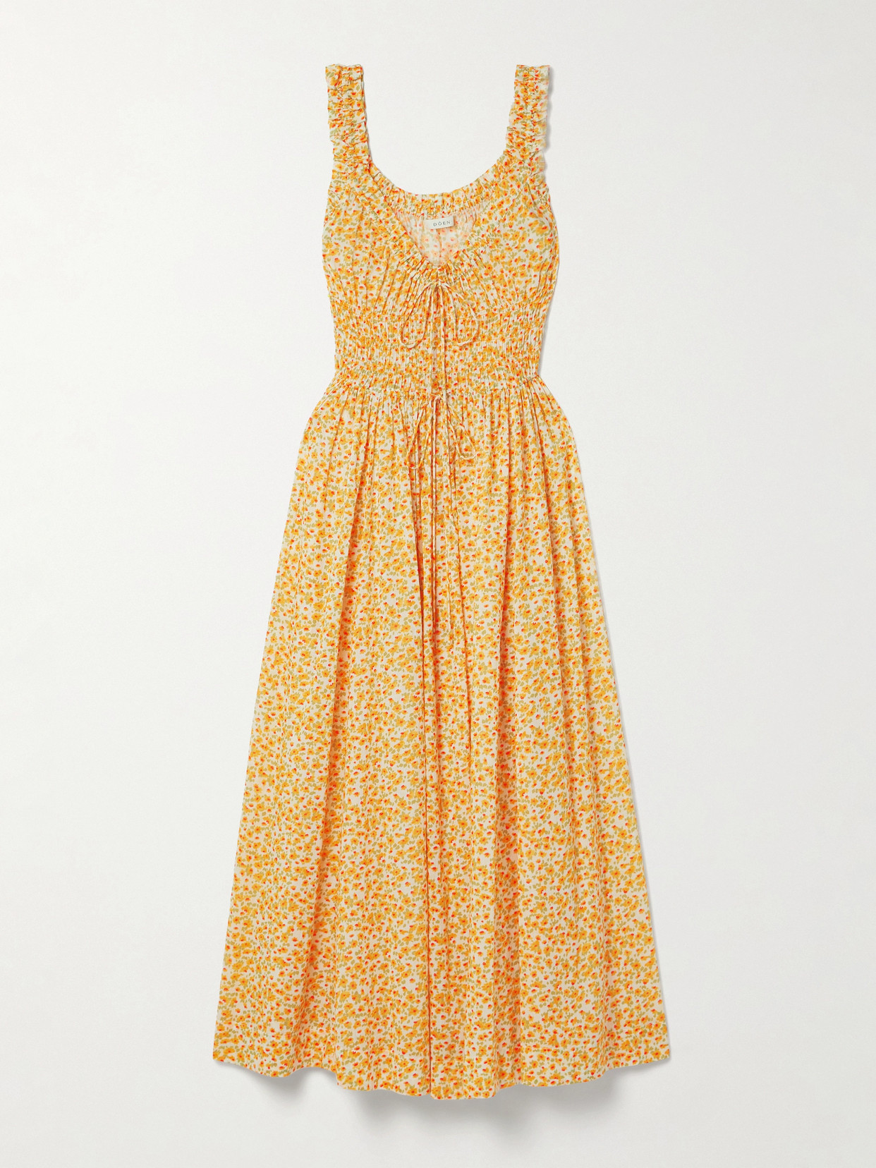 Doen Emmaretta Tie-detailed Shirred Floral-print Organic Cotton-voile Midi Dress In Yellow