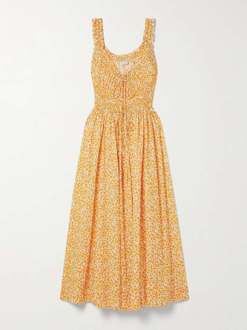 DÔEN Emmaretta Tie-detailed Shirred Floral-print Organic Cotton-voile Midi Dress