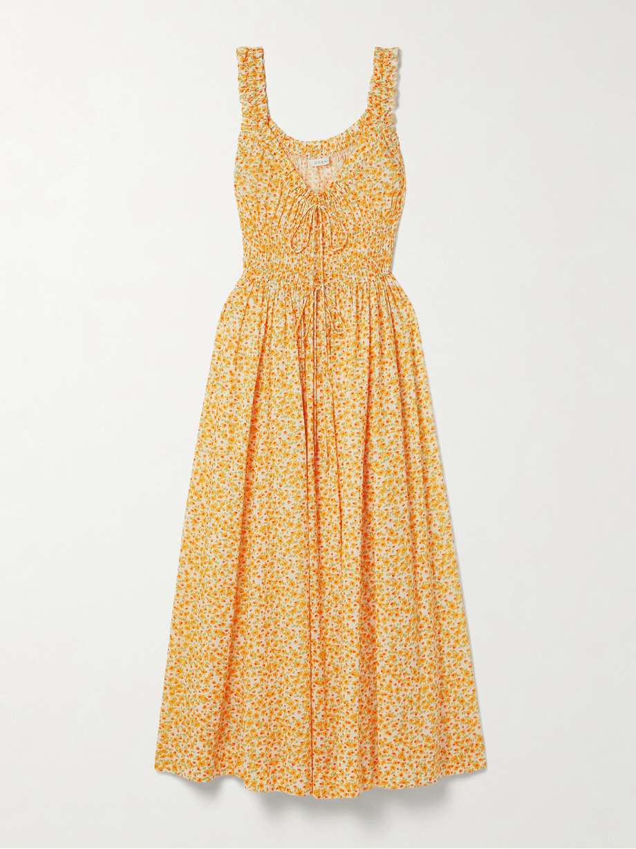 emmaretta tie-detailed shirred floral-print organic cotton-voile midi dress