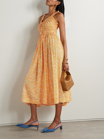 Dôen Emmaretta tie-detailed shirred floral-print organic cotton-voile midi dress