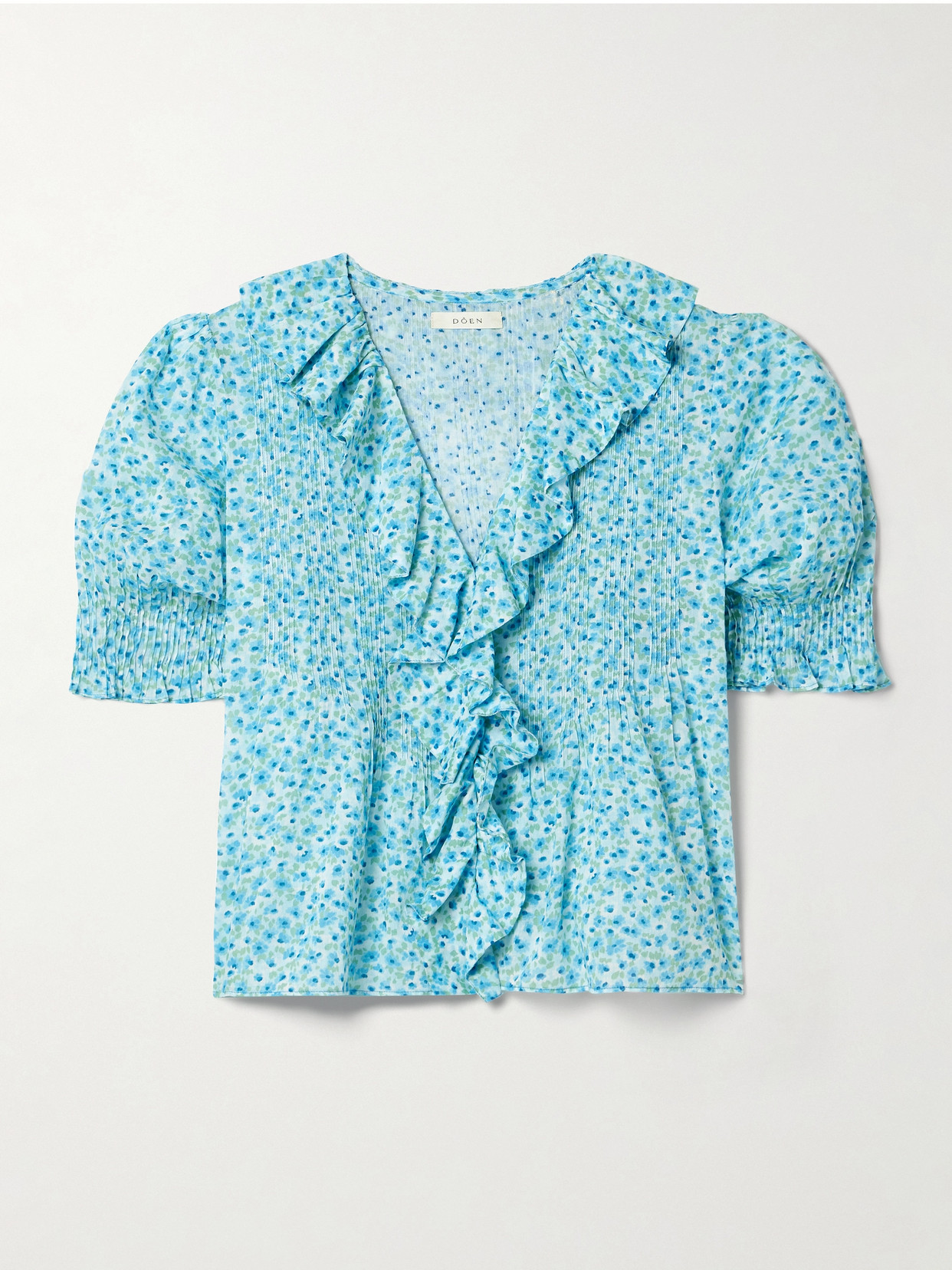 Shop Doen Henri Ruffled Pintucked Floral-print Organic Cotton-voile Top In Blue