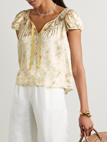 Dôen Camri corded lace-trimmed floral-print silk-satin top