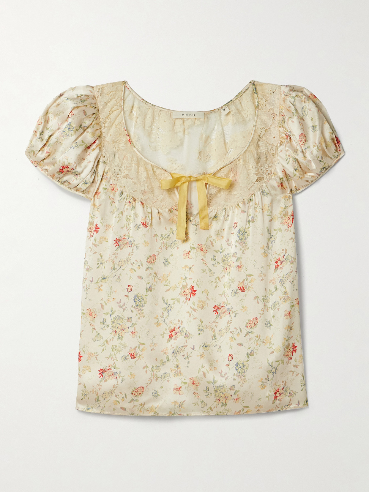 Shop Doen Camri Corded Lace-trimmed Floral-print Silk-satin Top In Yellow