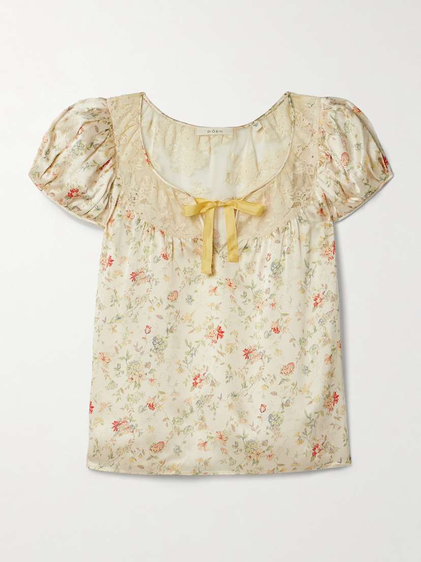 DÔEN Camri Corded Lace-trimmed Floral-print Silk-satin Top - x small