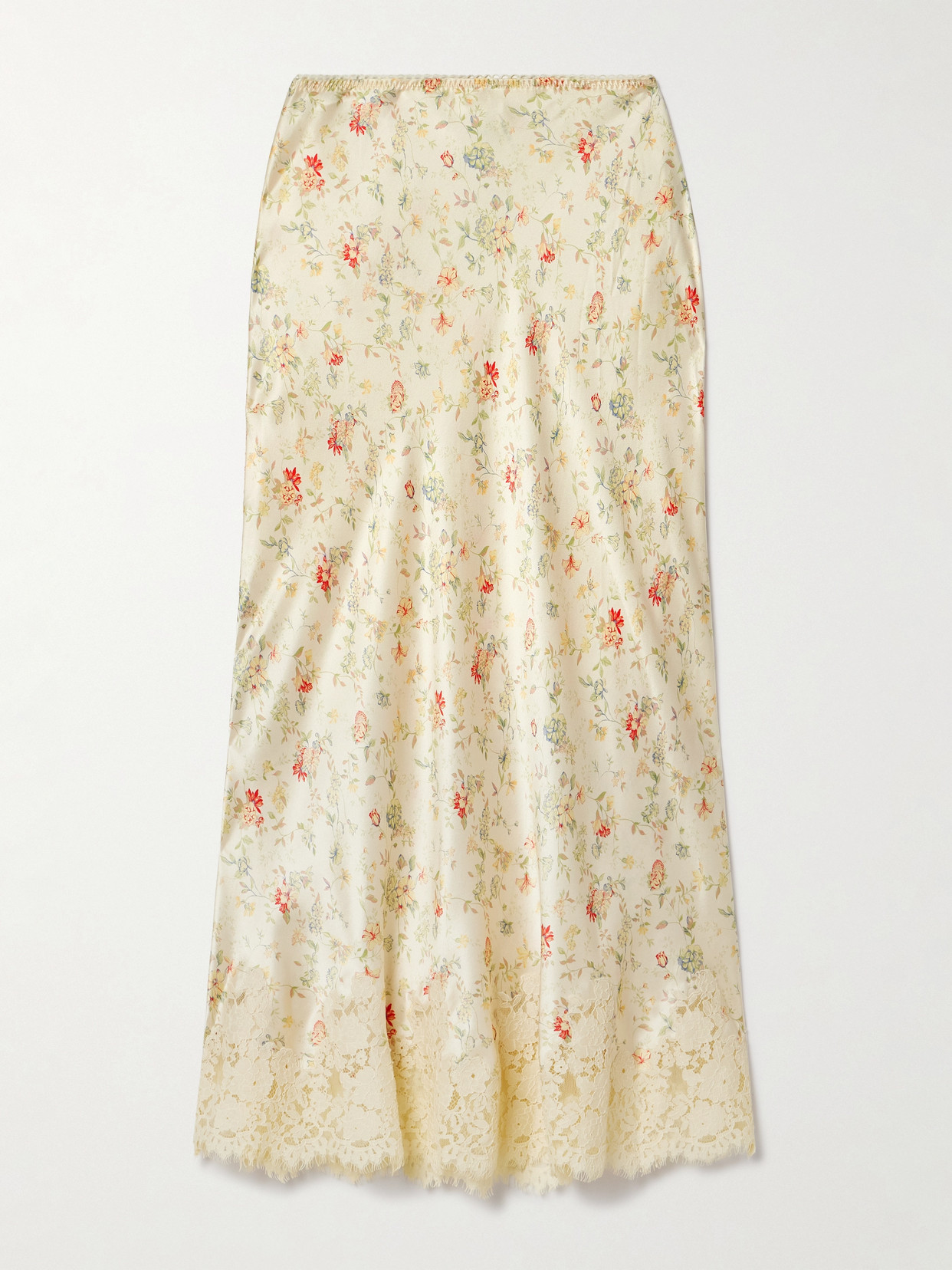 Shop Doen Elowen Lace-trimmed Floral-print Silk-charmeuse Midi Skirt In Yellow