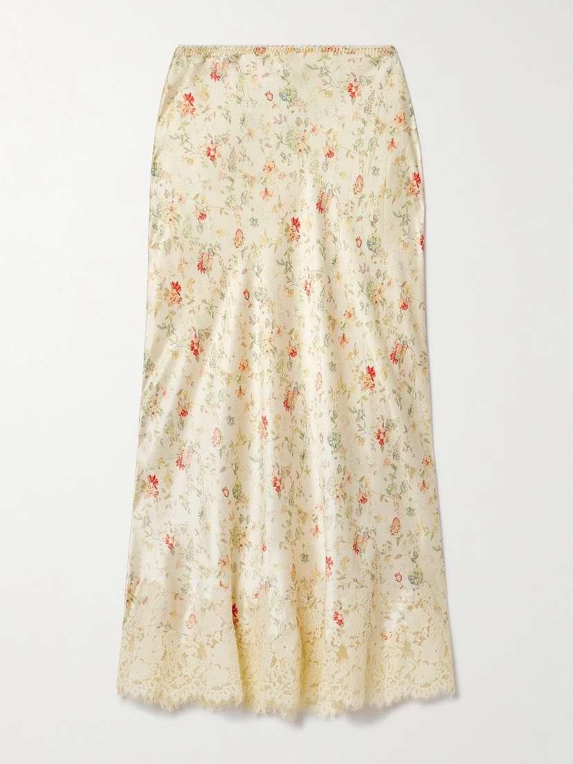 DÔEN Elowen Lace-trimmed Floral-print Silk-charmeuse Midi Skirt - x large