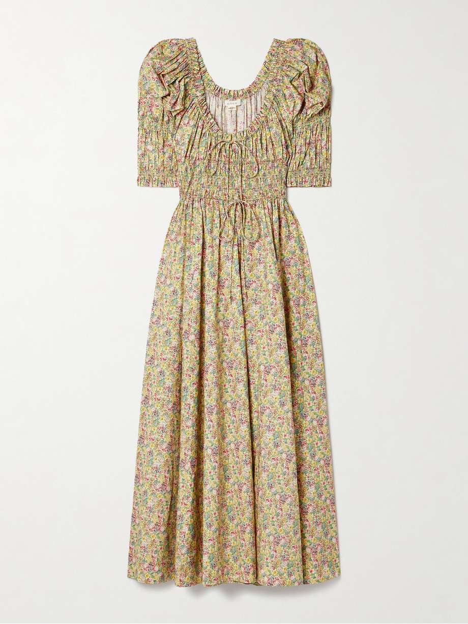 ischia shirred floral-print cotton-voile midi dress