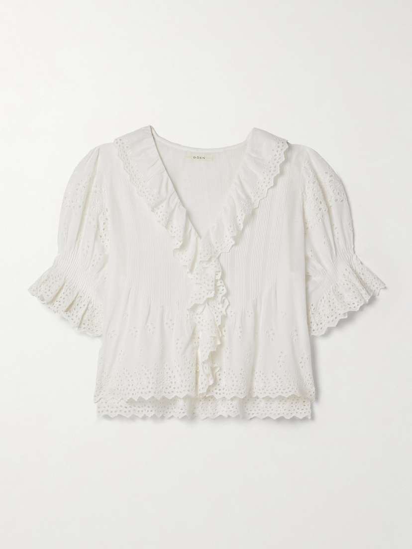 DÔEN Henri Ruffled Pintucked Broderie Anglaise Cotton Top - xx large