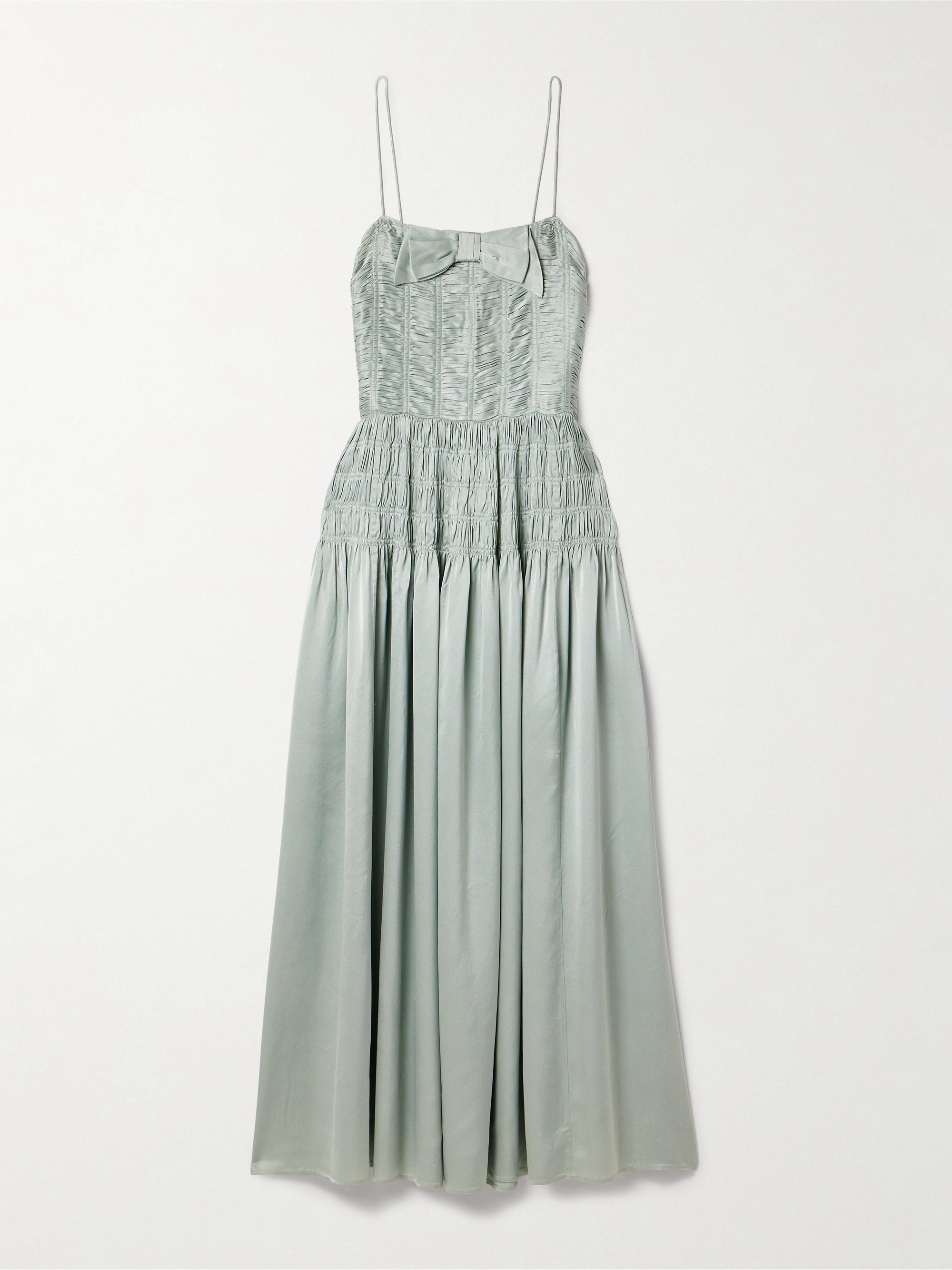 Den - Ambrosia bow-detailed shirred silk-satin midi dress | Plush Den - Ambrosia bow-detailed shirred silk-satin midi dress | Plush
