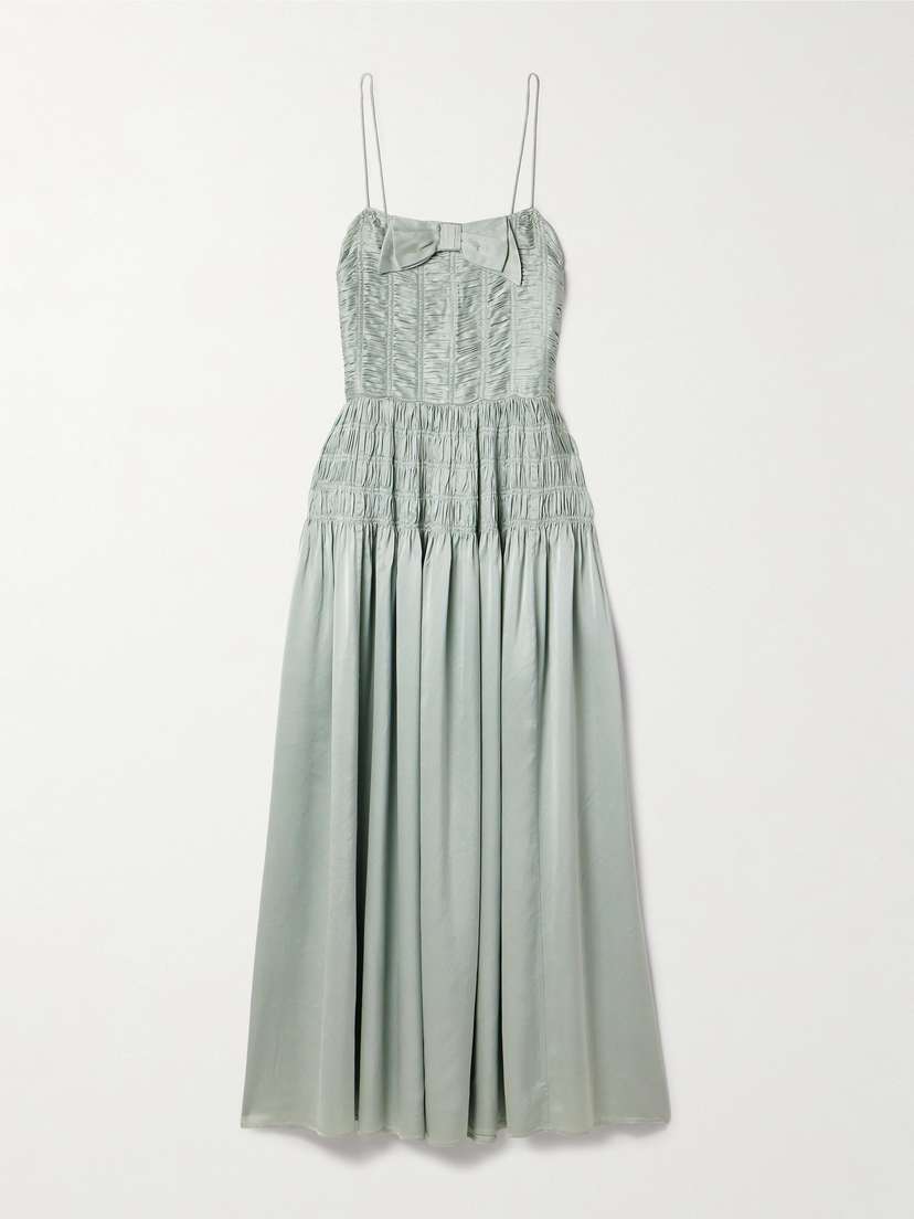 DÔEN Ambrosia Bow-detailed Shirred Silk-satin Midi Dress