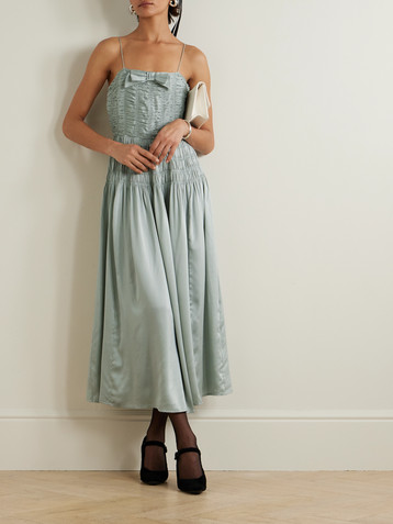 Dôen Ambrosia bow-detailed shirred silk-satin midi dress