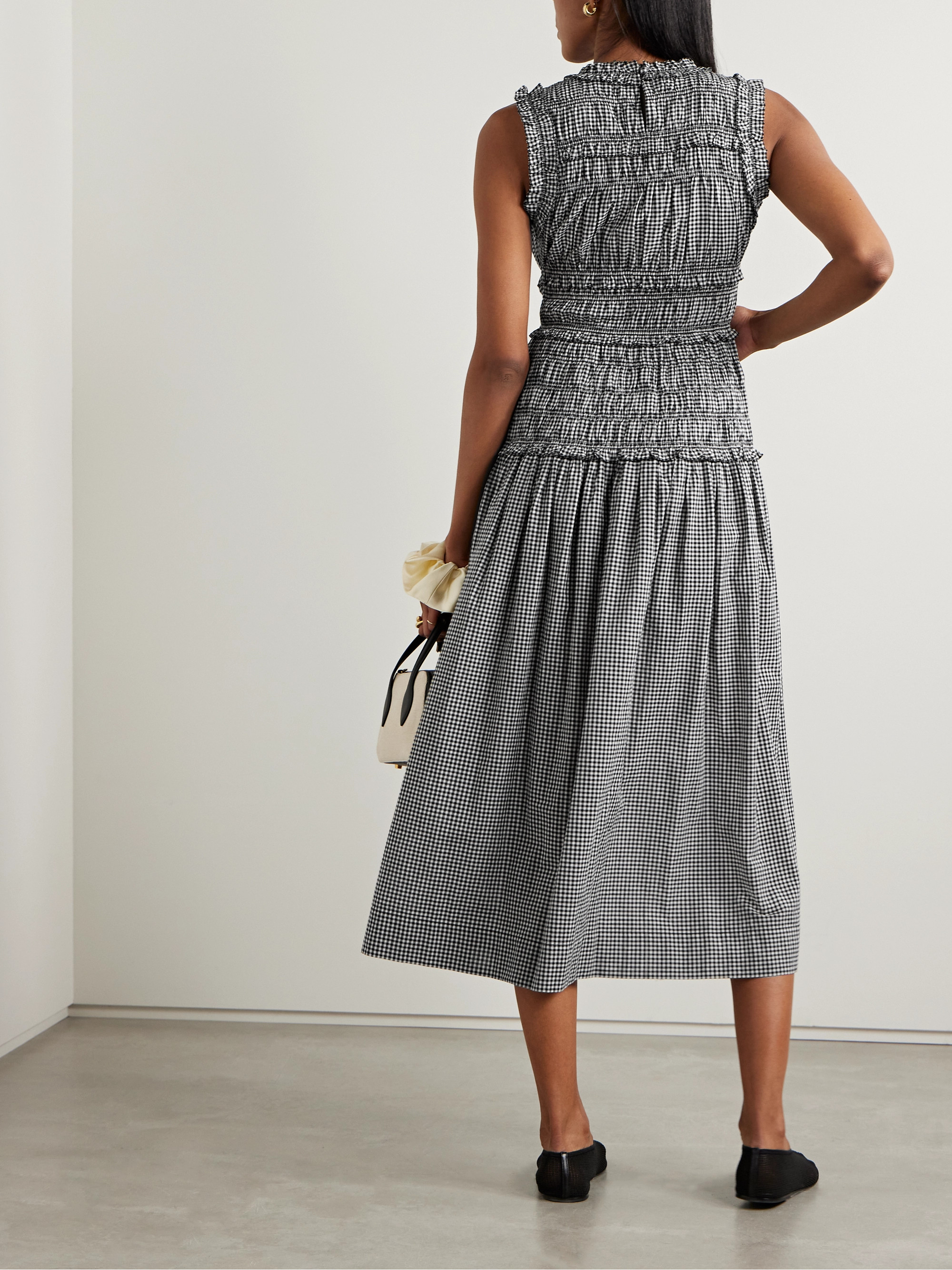 Dôen Mallory shirred gingham organic cotton midi dress