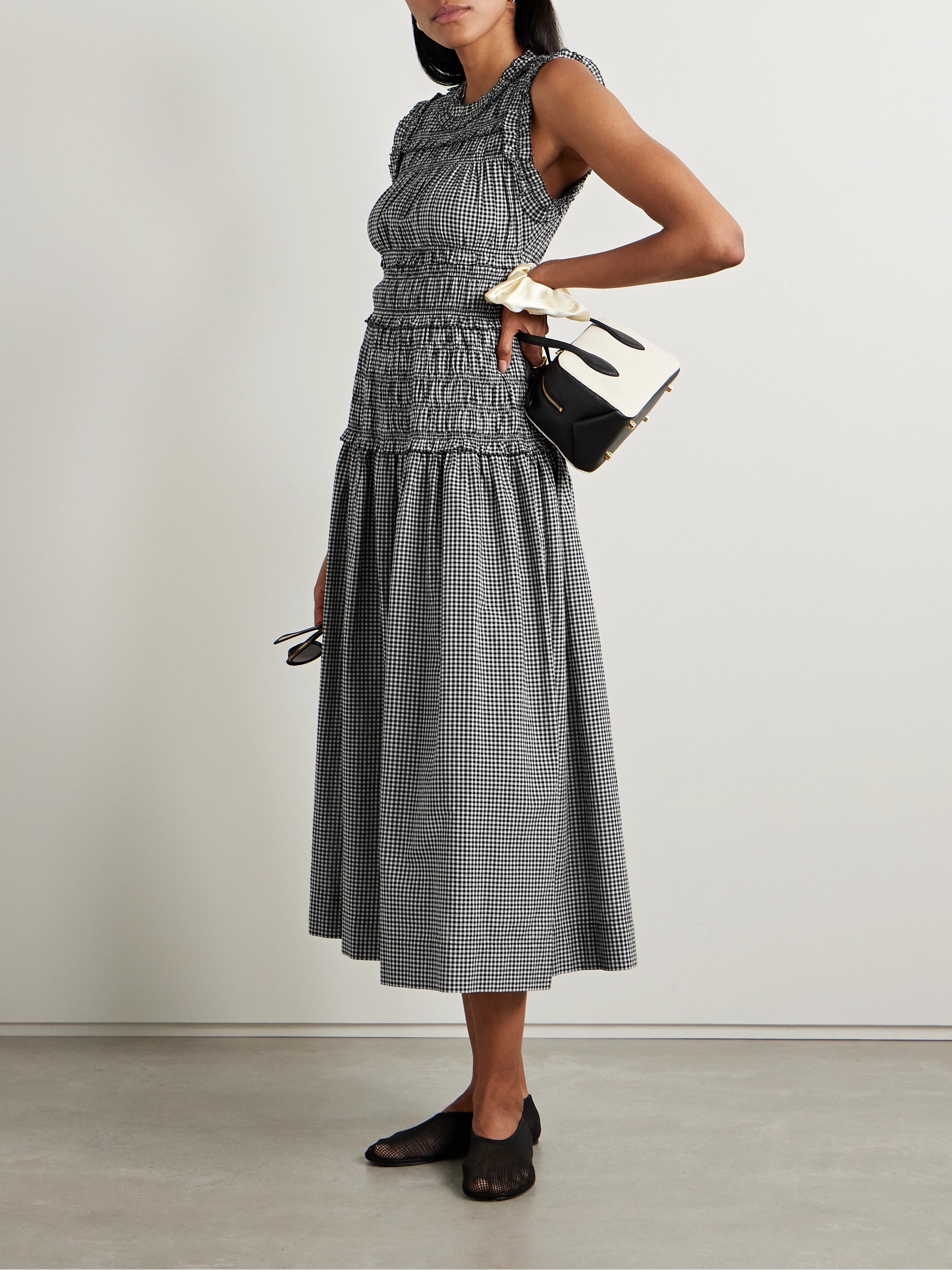 Dôen Mallory shirred gingham organic cotton midi dress