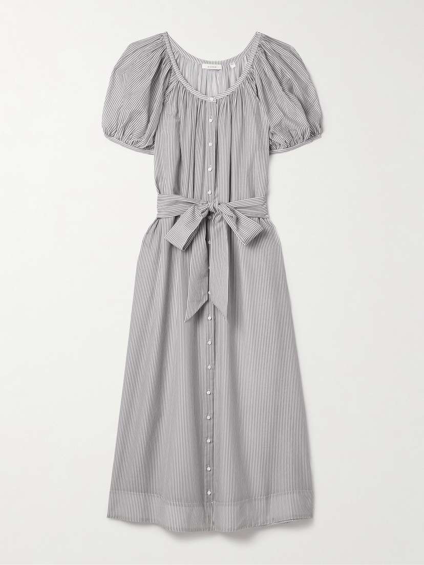 DÔEN Juno Belted Striped Cotton-blend Midi Dress