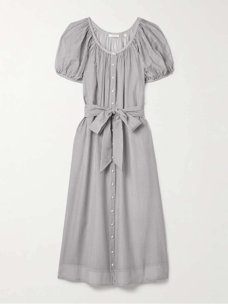 juno belted striped cotton-blend midi dress