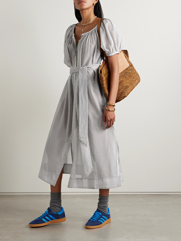 Dôen Juno belted striped cotton-blend midi dress