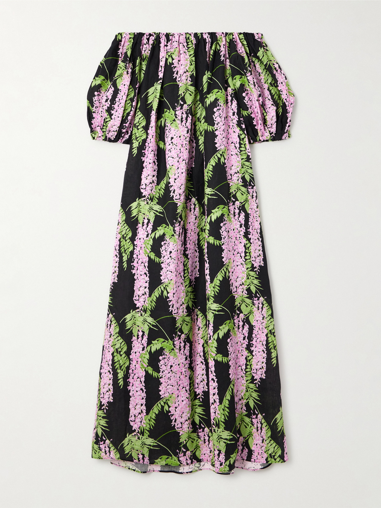 BERNADETTE - Zaza Belted Off-the-shoulder Floral-print Linen Maxi Dress - Black