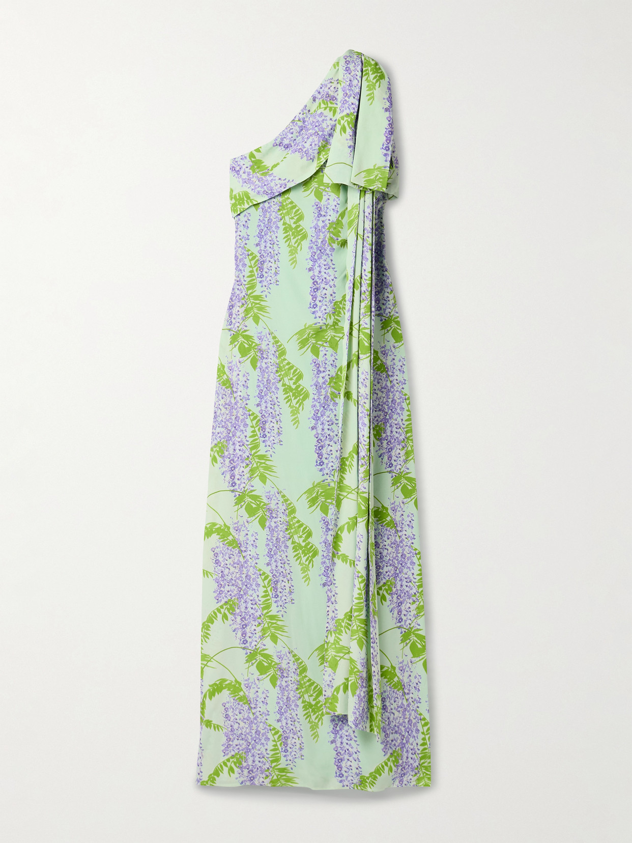 Shop Bernadette Gala One-shoulder Draped Floral-print Crepe Maxi Dress In Green