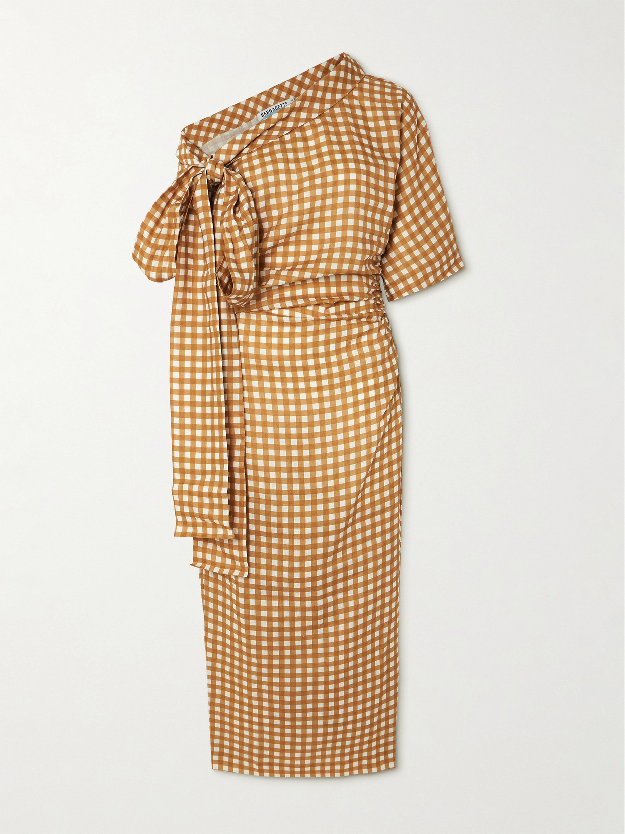 Bernadette Bowie Tie-detailed One-shoulder Checked Linen Maxi Dress In Brown