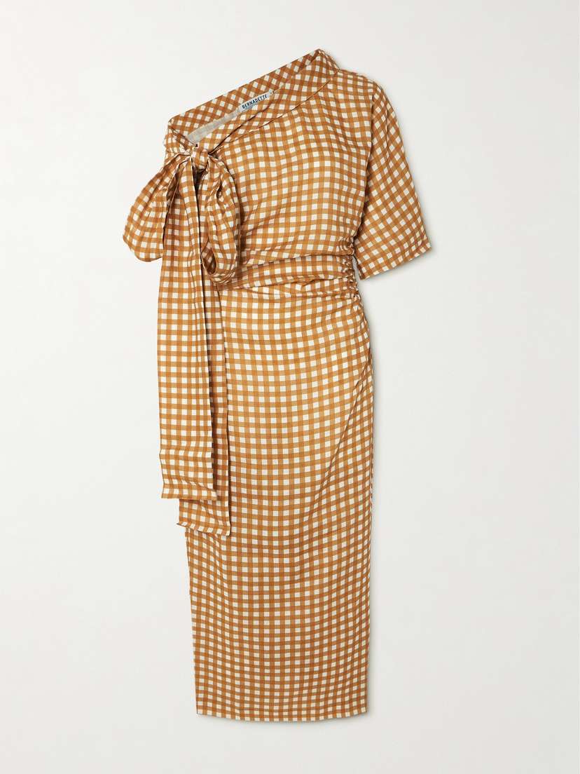 BERNADETTE Bowie Tie-detailed One-shoulder Checked Linen Maxi Dress