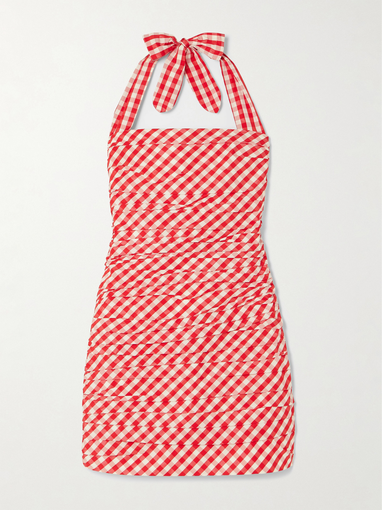 BERNADETTE - Tippy Gingham Pleated Taffeta Halterneck Mini Dress - Red