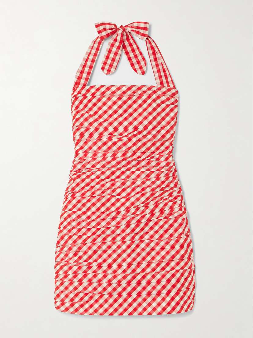 BERNADETTE Tippy Gingham Pleated Taffeta Halterneck Mini Dress