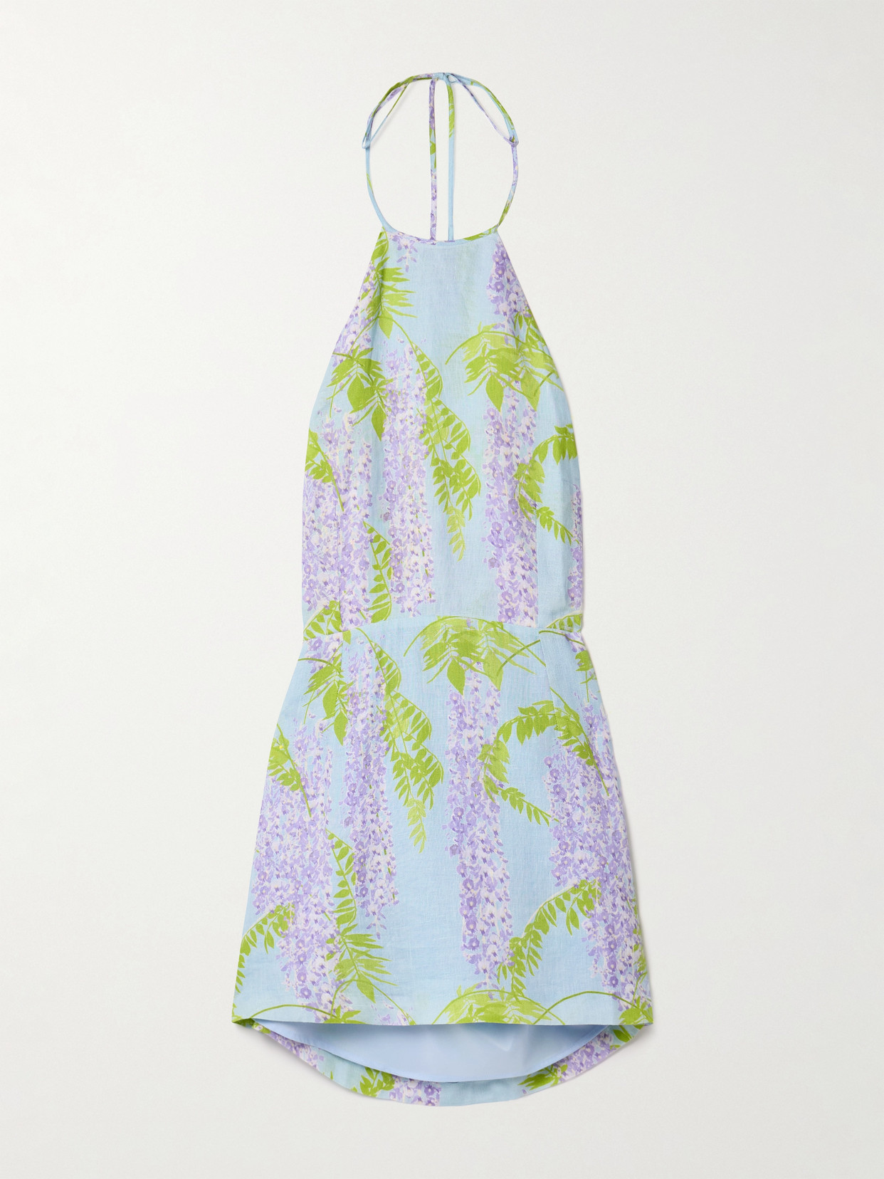 Bernadette Delilah Open-back Printed Linen Halterneck Mini Dress In Blue