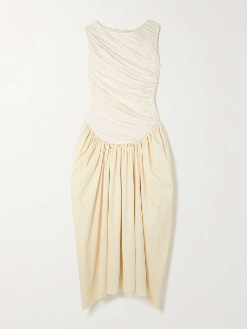 Abadia Ora Gathered Tencel™ Lyocell And Cotton-blend Poplin And Jersey Midi Dress