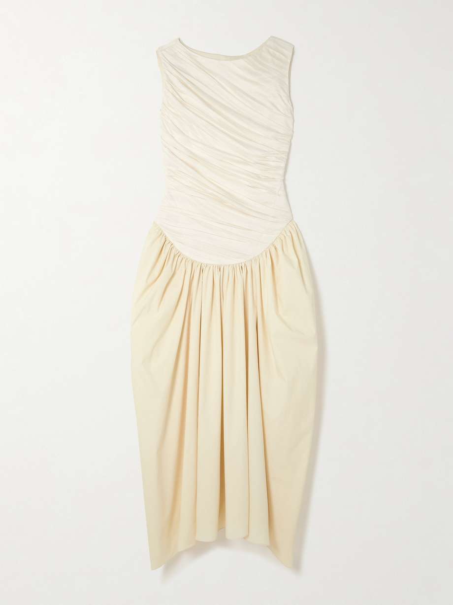 ora gathered tencel™ lyocell and cotton-blend poplin and jersey midi dress