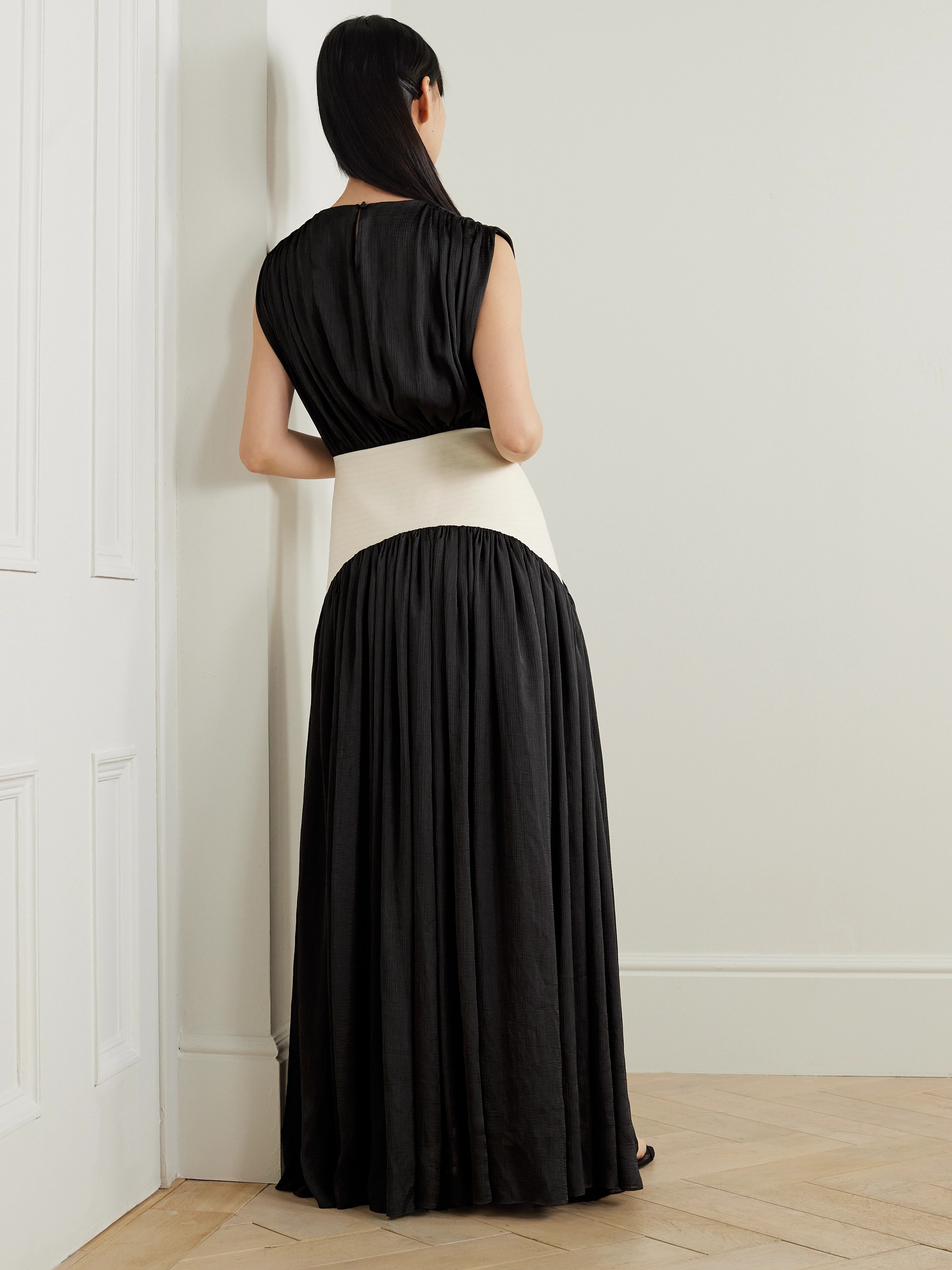 Abadia Suri paneled twill and crinkled-voile maxi dress