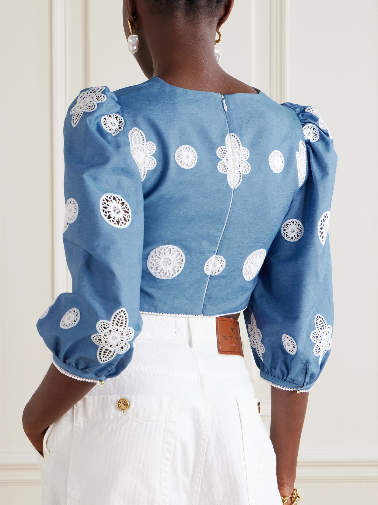 Borgo De Nor Crocheted Lace-trimmed Chambray Top In Blue