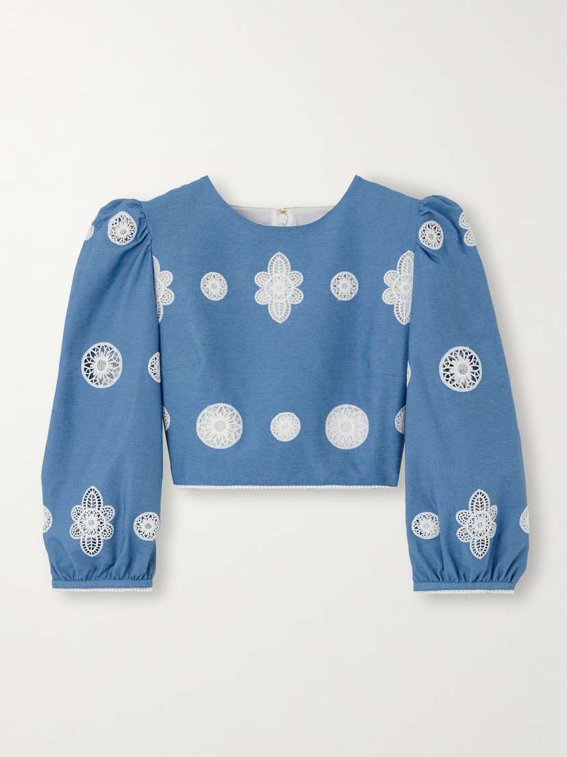 Borgo de Nor Crocheted Lace-trimmed Chambray Top