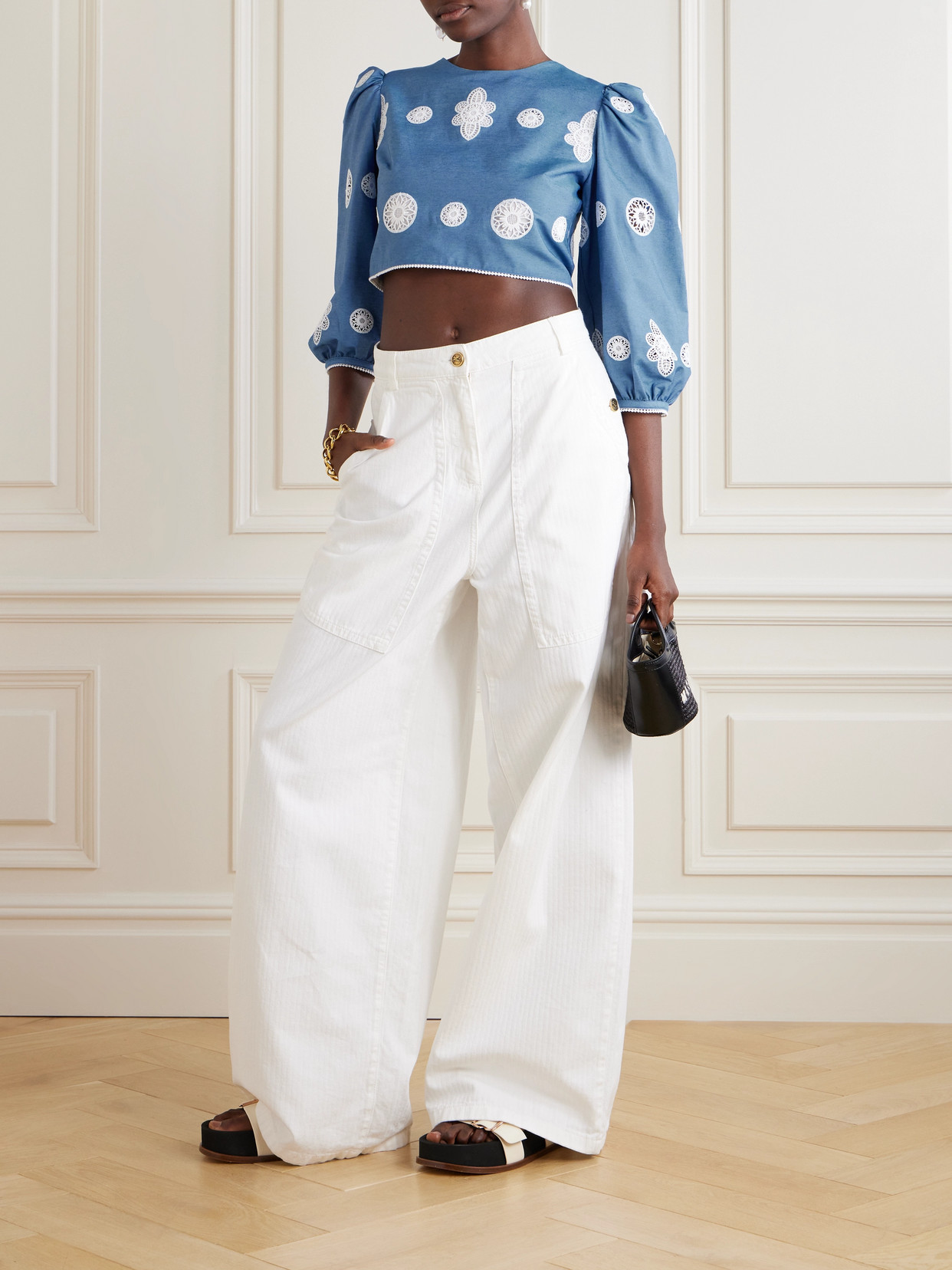 Borgo De Nor Crocheted Lace-trimmed Chambray Top In Blue