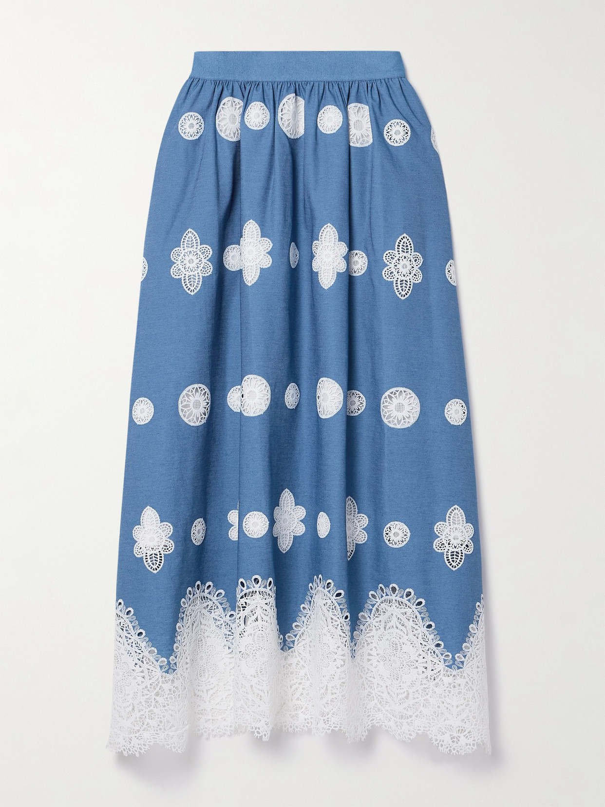 Borgo De Nor Rhea Crocheted Lace-trimmed Chambray Midi Skirt In Blue