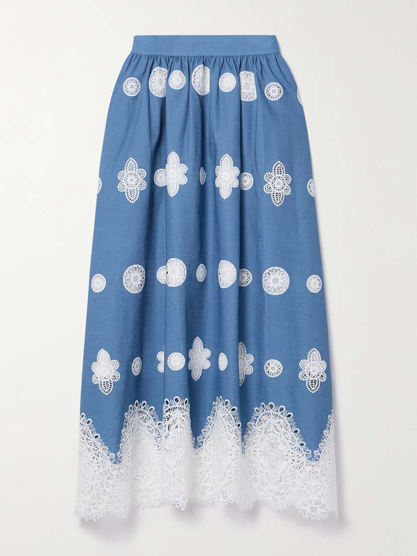 Borgo de Nor Rhea Crocheted Lace-trimmed Chambray Midi Skirt
