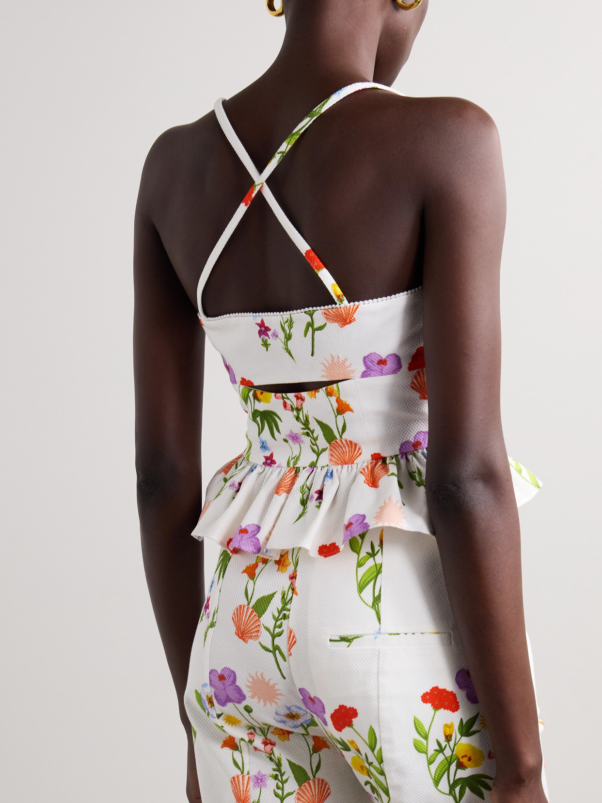 Borgo De Nor Callie Cutout Printed Cotton-blend Piqué Peplum Top In Multi